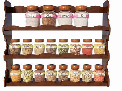 Spice Jars Arranged on Wooden Rack with Multiple Shelves and Labeled Containers 3d model