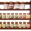 Spice Jars Arranged on Wooden Rack with Multiple Shelves and Labeled Containers