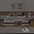 Double Bed with Gray Bedding Pillows Nightstand Table Lamp Decorative Paintings Wooden Floor Green Plant
