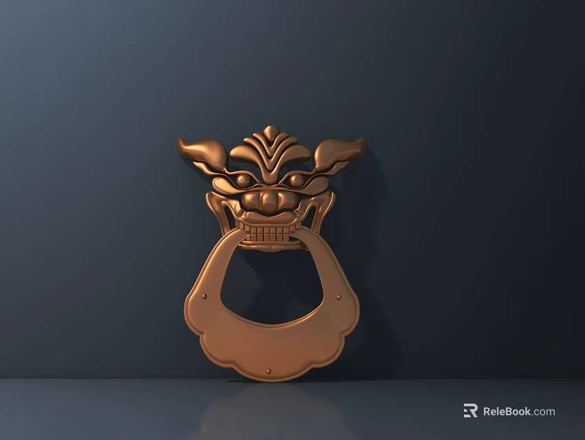 Copper Colored Door Handle with Animal Head Shape Horns and Facial Details on Dark Background 3d model 
