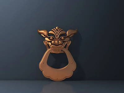 Copper Colored Door Handle with Animal Head Shape Horns and Facial Details on Dark Background 3d model