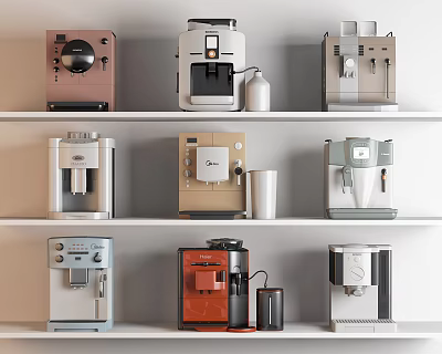 Modern Kitchen Appliances In Various Styles Arranged On Shelves 3d model