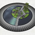 Public Square Water Fountain With Black And White Checkered Ground Green Plants And People Walking