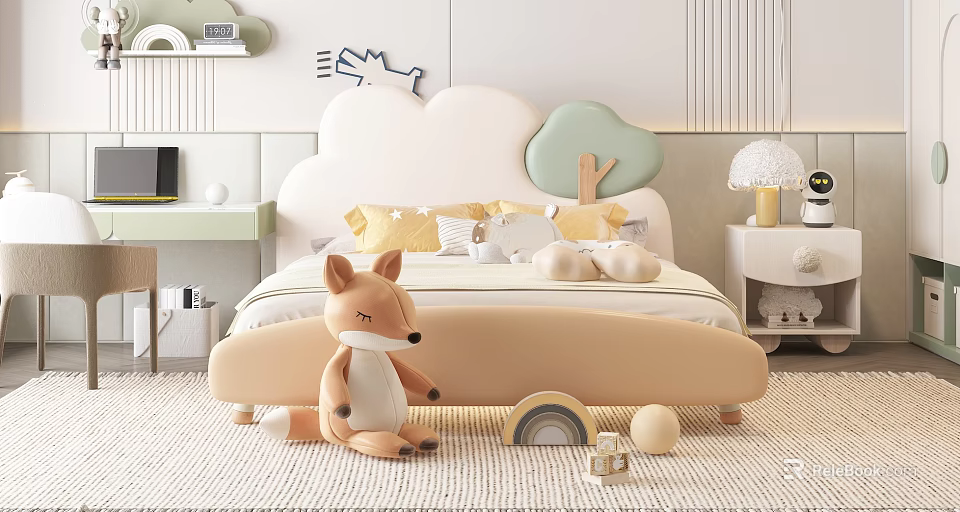 Cute Kids Bed with Cloud Shaped Headboard Tree Decor and Fox Plush Toy 3d model 