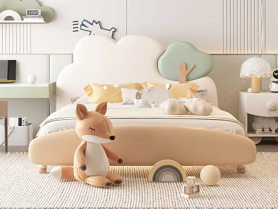 Cute Kids Bed with Cloud Shaped Headboard Tree Decor and Fox Plush Toy 3d model