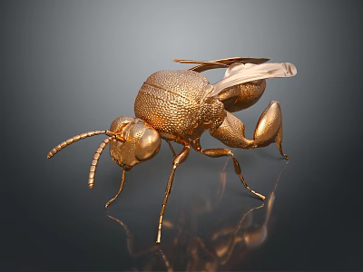Golden Ant Sculpture With Detailed Texture And Reflective Metallic Finish 3d model