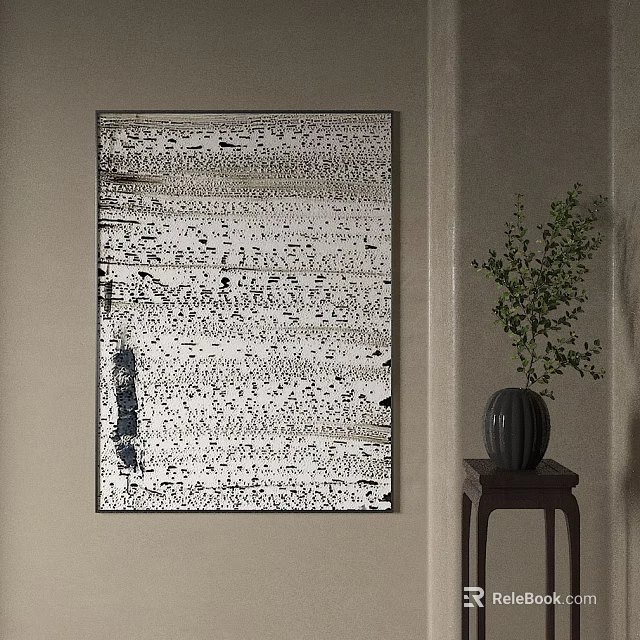 Modern Abstract Painting Hanging On Wall In Interior Space With Ceramic Vase And Green Plant 3d model 
