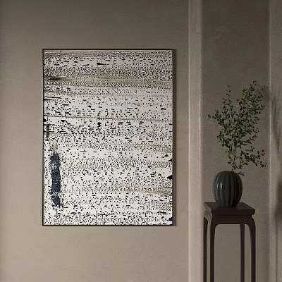 Modern Abstract Painting Hanging On Wall In Interior Space With Ceramic Vase And Green Plant 3d model