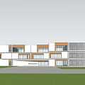 Modern School Building Exterior With Green Lawn Running Track And Children Playing