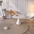 Modern Table And Chair Set With Round Woven Rug Potted Plant And Decorative Painting