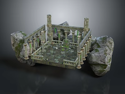 Scenic Landscape Of Ancient Stone Ruins With Rocky Terrain Mossy Columns And Archways 3d model