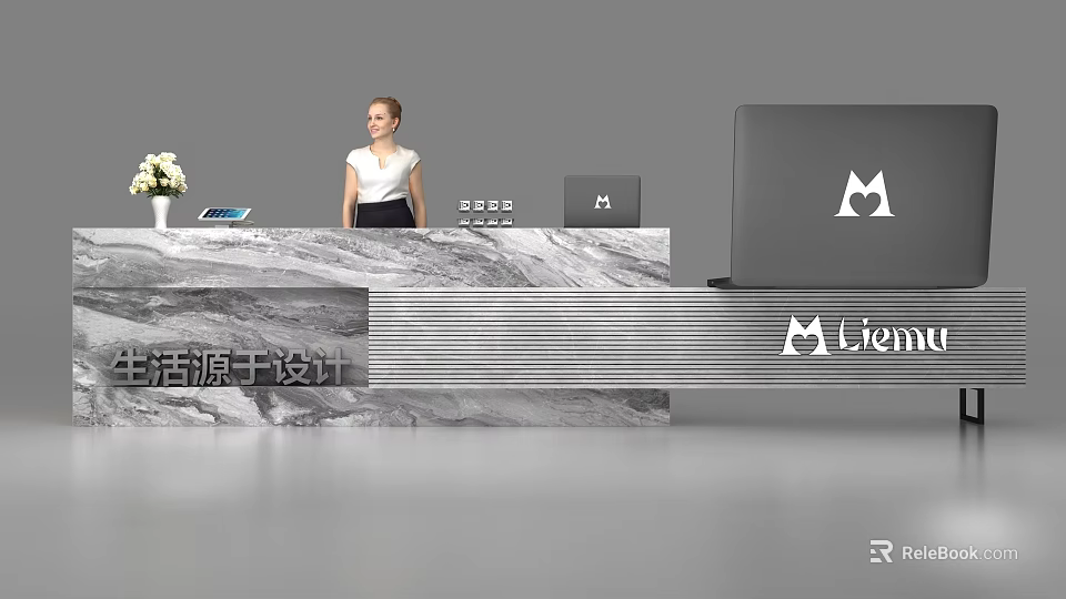 Modern Reception Desk Interior With Marble Countertop Laptop Tablet Vase And Receptionist 3d model 