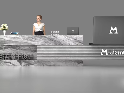 Modern Reception Desk Interior With Marble Countertop Laptop Tablet Vase And Receptionist 3d model