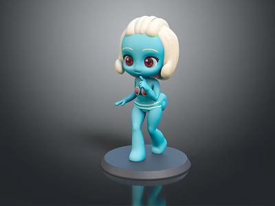 Blue Cartoon Character with White Hair Red Eyes 3D Model Standing on Gray Base 3d model