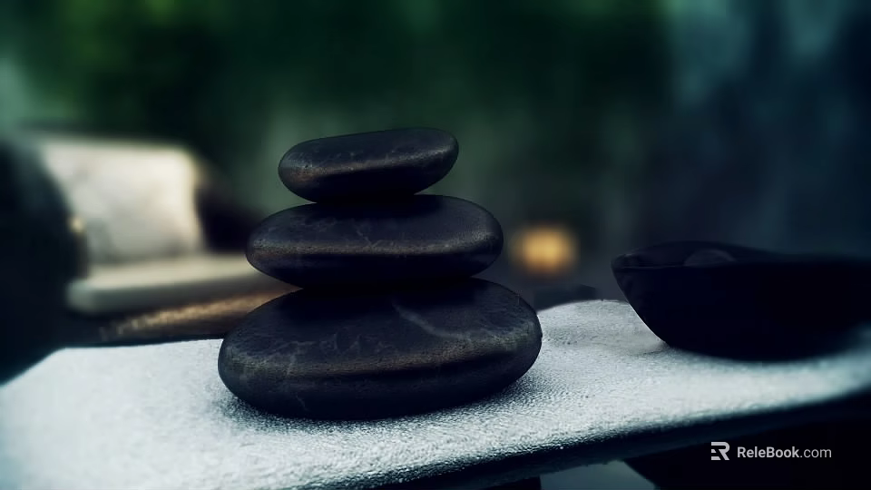 Stacked Black Stones And Wooden Elements In Serene Natural Outdoor Setting With Bowl 3d model 