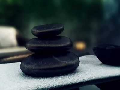 Stacked Black Stones And Wooden Elements In Serene Natural Outdoor Setting With Bowl 3d model