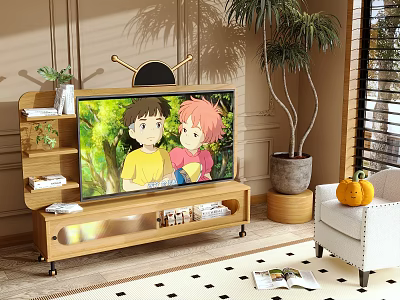 Modern Wooden TV Stand With TV Potted Plants And Decor In Living Room 3d model