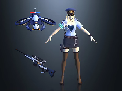 Anime Style Police Game Character With Drone Gun And Uniform 3d model