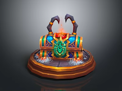 Ornate Decorative Chest With Scorpion Pincers Green Emblem And Glowing Flames 3d model