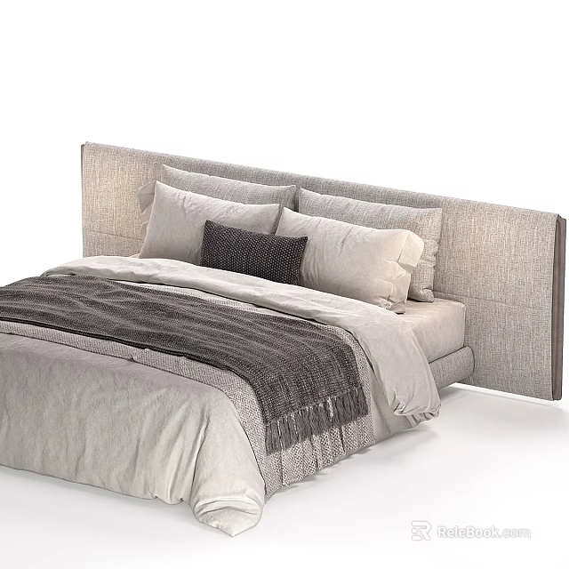 Modern Double Bed With Fabric Headboard Decorative Pillows And Soft Blanket 3d model 