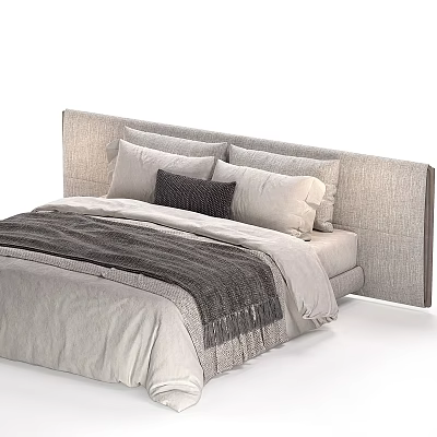 Modern Double Bed With Fabric Headboard Decorative Pillows And Soft Blanket 3d model