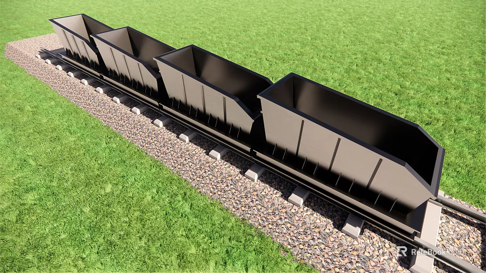 Black Freight Cars On Railway Track With Green Grass And Gravel 3d model 