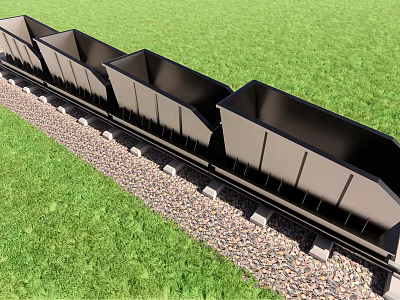 Black Freight Cars On Railway Track With Green Grass And Gravel 3d model