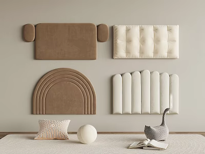 Various Shaped Wall Cushions With Decorative Pillow Ornament Cat Figurine And Open Book On Table 3d model
