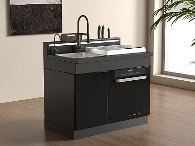 Modern Black Kitchen Appliance Cabinet With Integrated Sink Dishwasher Countertop And Knives In Kitchen Setting 3d model