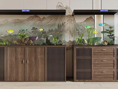Chinese Style Aquarium Setup With Wooden Cabinets And Plants 3d model