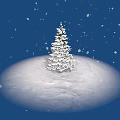 Snow Covered Pine Tree In Winter Scene With Falling Snowflakes And Deep Blue Sky