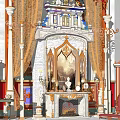 Ornate Classic Fireplace With Marble Columns Draperies Statues And Armchair In Elegant Room