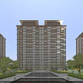Modern High Rise Residential Building With Glass Curtain Walls Greenery And Water Feature