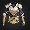 Ornate Golden And Black Medieval Armor With Intricate Shoulder Guards And Arm Plates