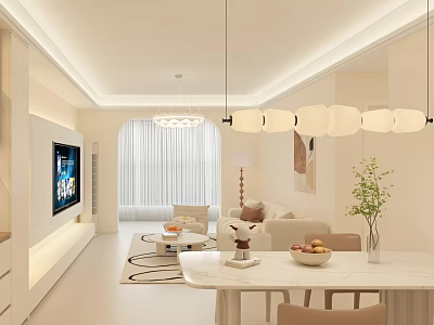 Modern Living Dining Room Interior With White Sofa Pendant Lights And Arched Window 3d model