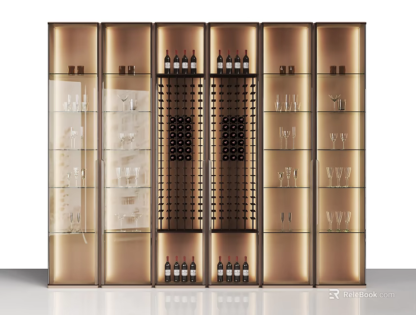 Modern Gold Wine Cabinet With Glass Doors Wine Bottle Racks And Glassware Storage 3d model 