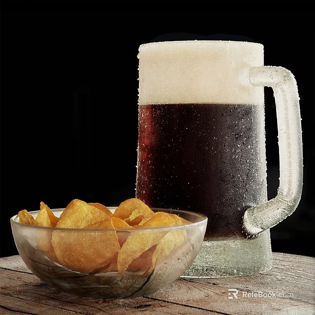 Frosted Beer Mug With Cold Dark Beer And Bowl Of Potato Chips 3d model 