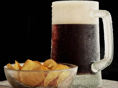 Frosted Beer Mug With Cold Dark Beer And Bowl Of Potato Chips 3d model