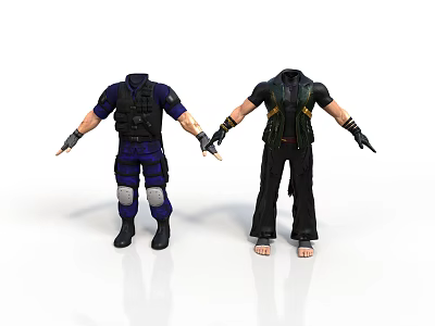 Two Detailed 3D Character Models In Blue Uniform And Black Outfit With Protective Gear 3d model