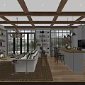 Open Concept Living Dining Room Interior With Wooden Ceiling Pendant Lights And White Sofa
