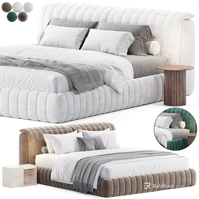 Modern Double Bed With Soft Pillows And Cozy Blanket Beside Wooden Nightstand 3d model 