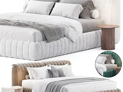 Modern Double Bed With Soft Pillows And Cozy Blanket Beside Wooden Nightstand 3d model