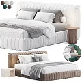 Modern Double Bed With Soft Pillows And Cozy Blanket Beside Wooden Nightstand