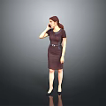 Woman in Brown Dress Talking on Phone Against Gray Background Wearing Black Heels and Ponytail