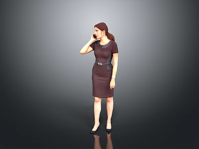 Woman in Brown Dress Talking on Phone Against Gray Background Wearing Black Heels and Ponytail 3d model
