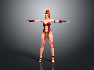 Red Haired Woman In Crimson Tight Outfit With Arm Cuffs Arms Outstretched On Gray Background 3d model