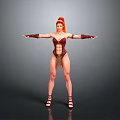Red Haired Woman In Crimson Tight Outfit With Arm Cuffs Arms Outstretched On Gray Background