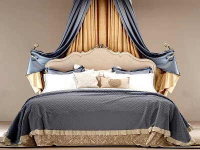 Luxurious Double Bed With Ornate Headboard Blue Gold Drapes And Decorative Pillows 3d model