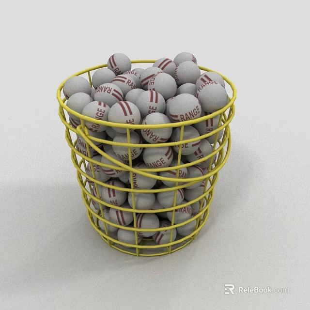 Yellow Metal Basket Filled With White MLB Baseballs Having Red Letters 3d model 
