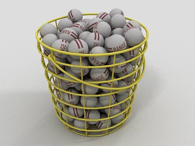 Yellow Metal Basket Filled With White MLB Baseballs Having Red Letters 3d model